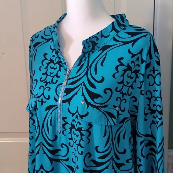 Bepei 2X Long Sleeve Blouse Turquoise Black Paisley Zipper - Picture 2 of 13